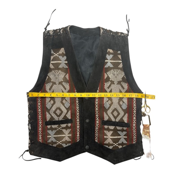 70s Vintage Leather & Southwestern Woven Festival Vest Lace-Up Sides - Picture 11 of 14